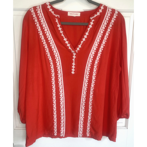 SOLITAIRE Women's Boho Embroidered Blouse Top Size L Flowy Aztec Peasant Beach - Picture 1 of 16